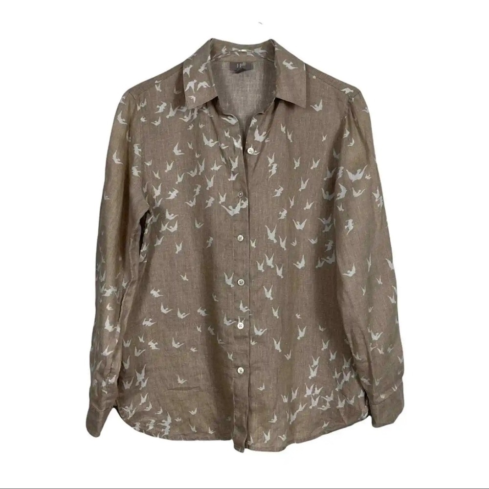 J. Jill 100% Linen Bird Dove Print Button Front Top Long Sleeves Size M
